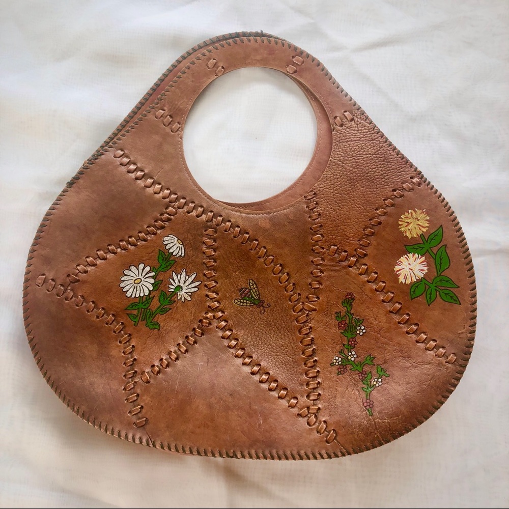 Leather Vintage Handbag w/ Painted Flowers